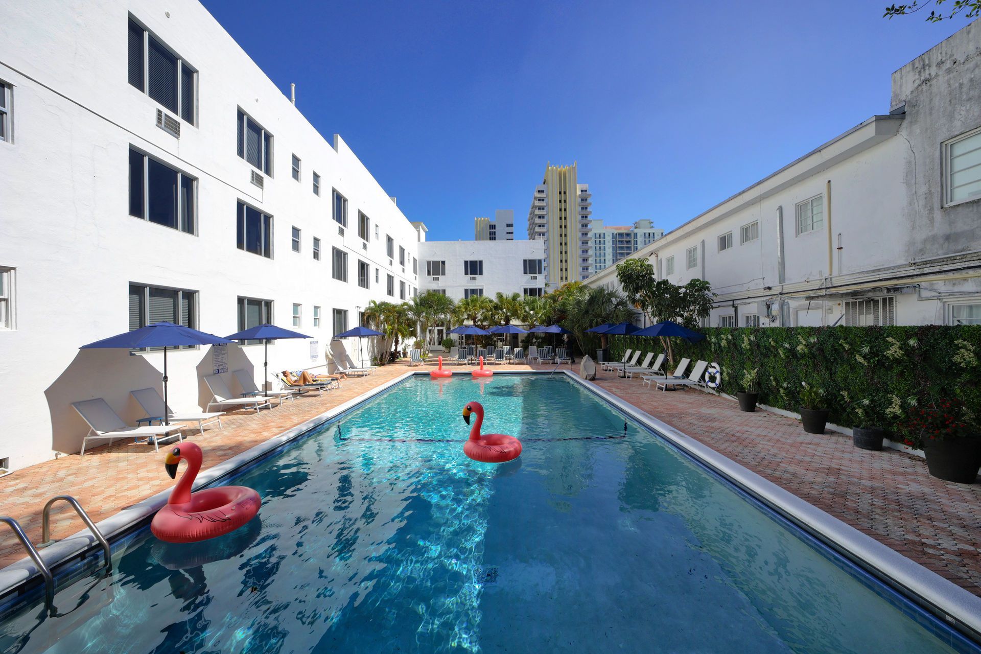 Outdoor hotel pool with red flamingo floats, lounge chairs, and white buildings under a blue sky