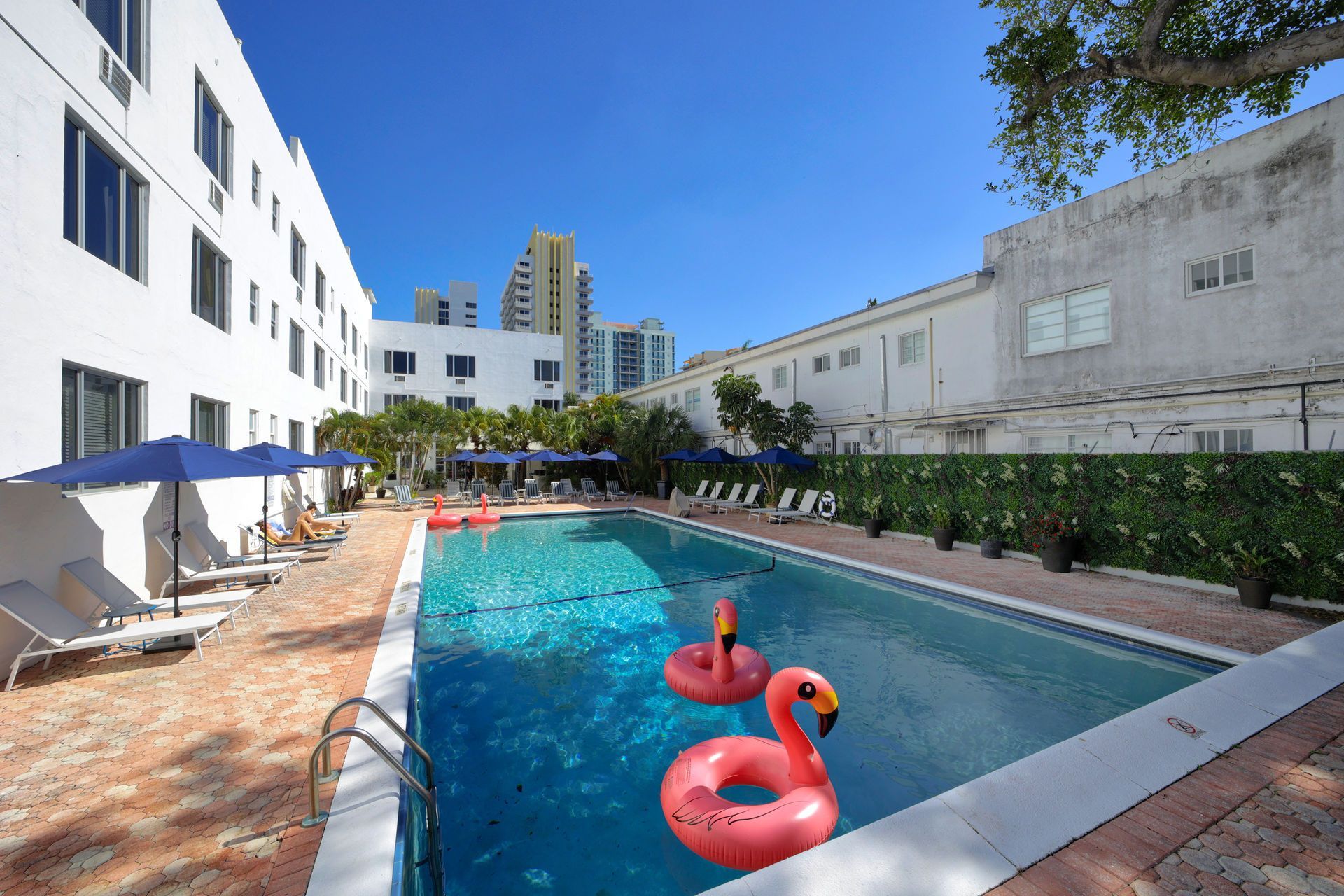 Outdoor swimming pool with blue water, pink flamingo floats, and white apartment buildings on either side
