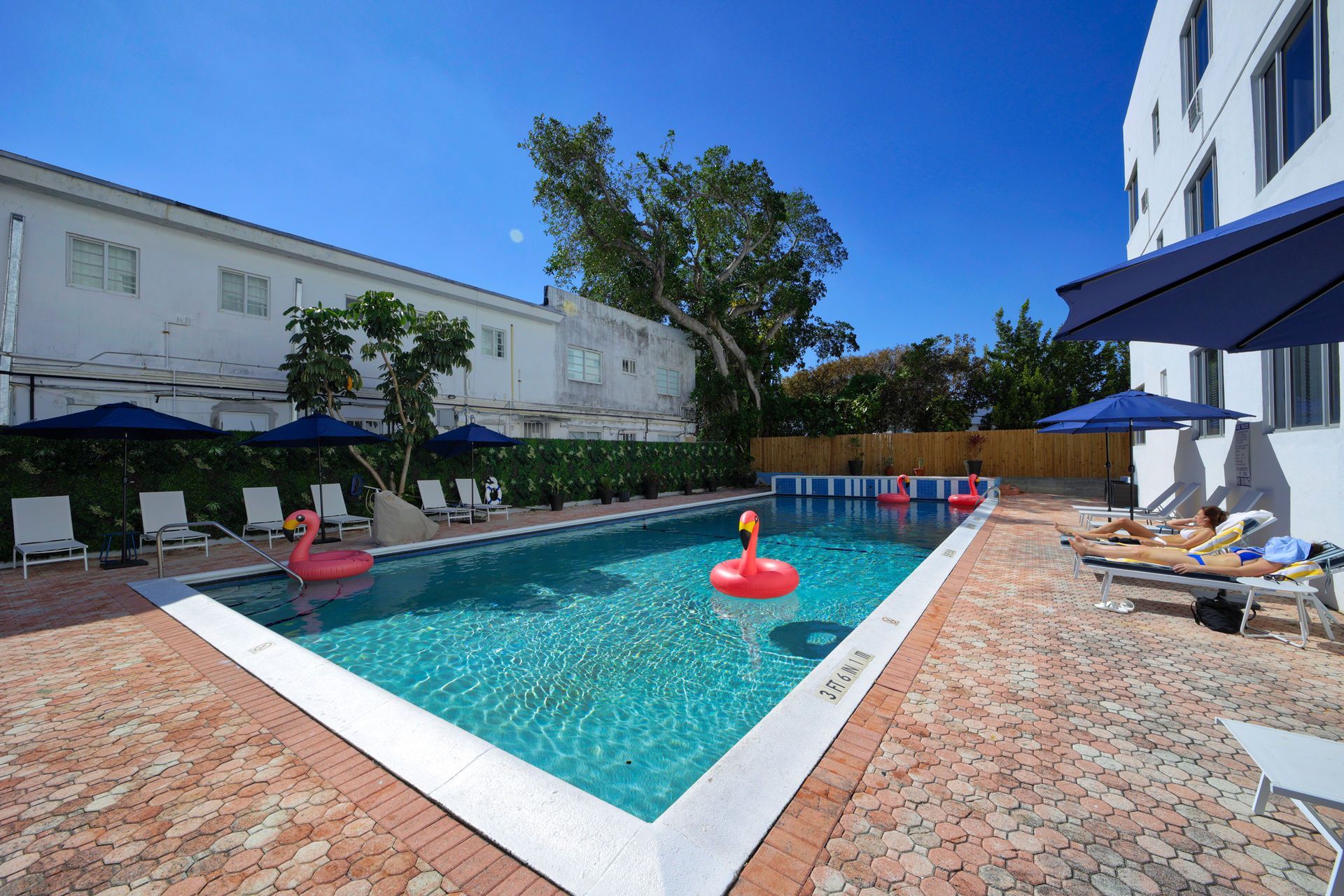 Hotel pool with two red floaties, lounge chairs, and blue umbrellas under a clear sky
