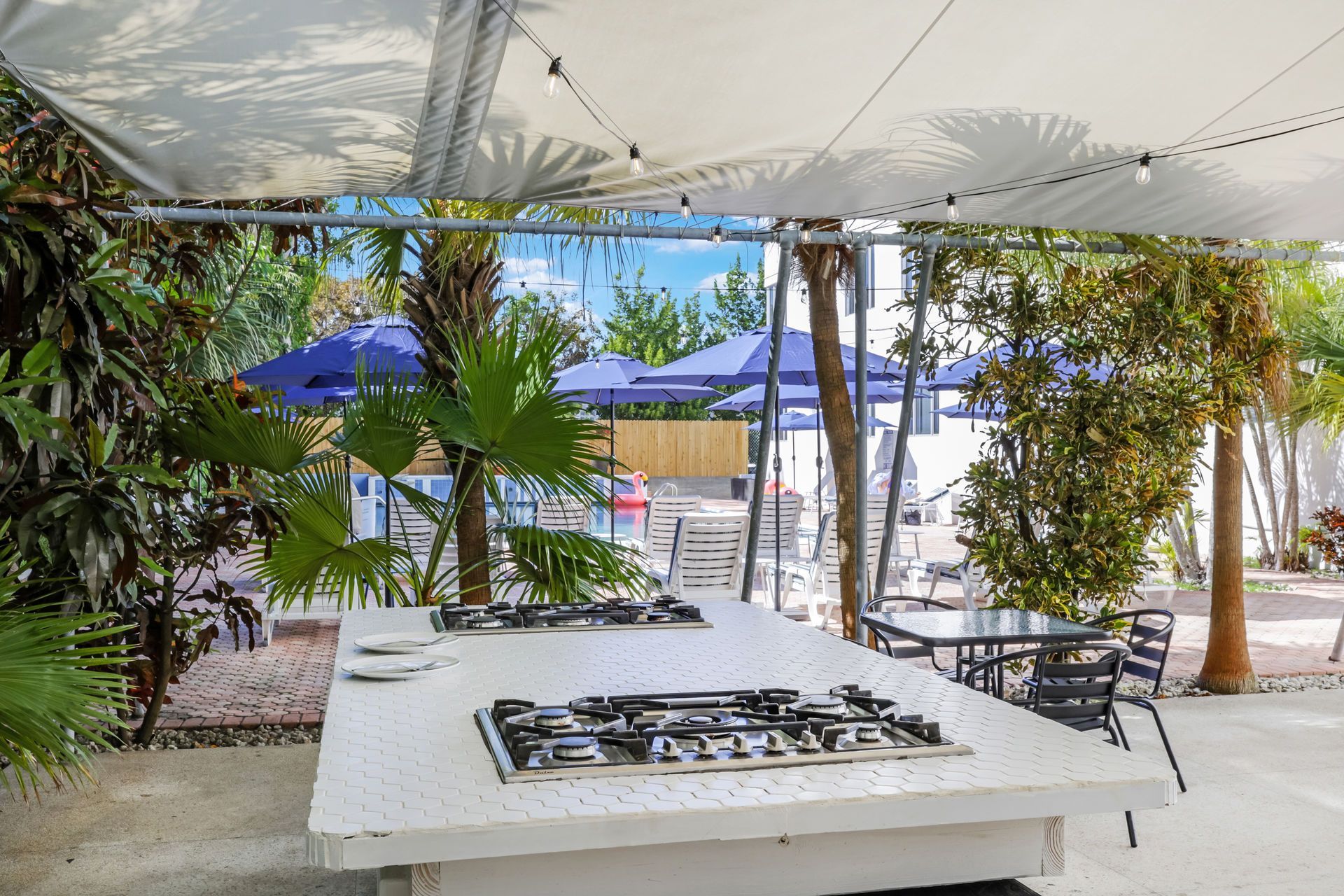 Outdoor kitchen under a white canopy with a white counter and grill, surrounded by potted plants and blue umbrellas.