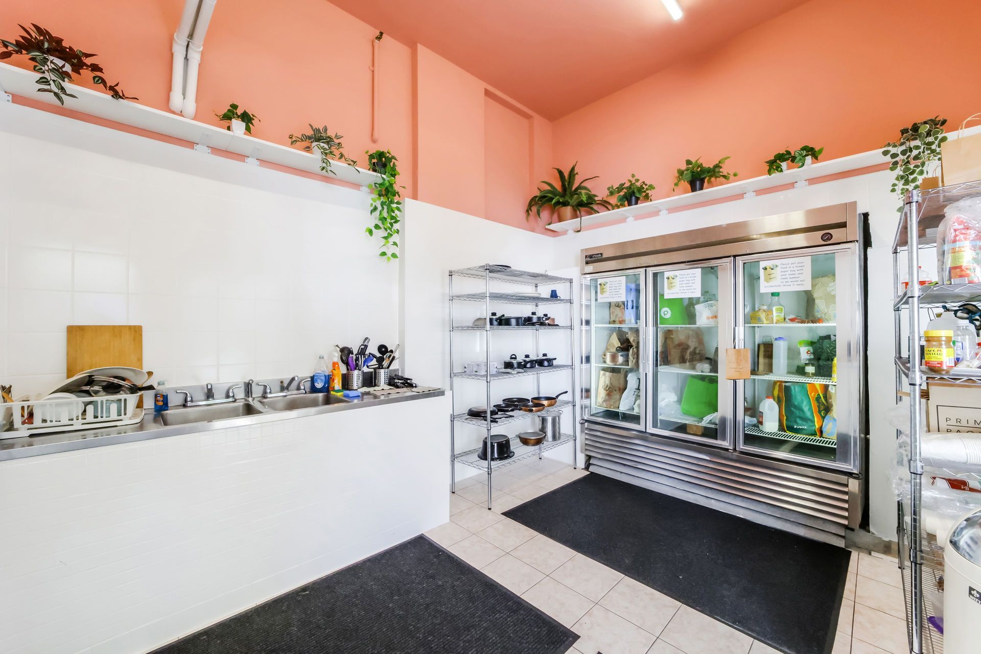 Bright boutique entrance with plants, white counters, shelves, and glass doors in a pink-walled interior