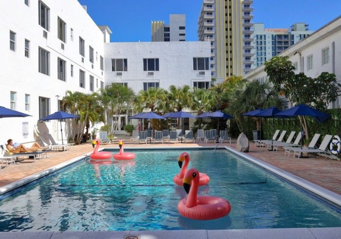 Modern hotel courtyard pool with pink flamingo floats, lounge chairs, and palm trees