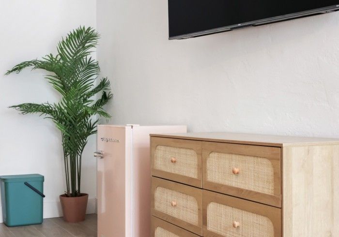 Cozy living room corner with a potted palm, woven dresser, teal storage box, and wall-mounted TV