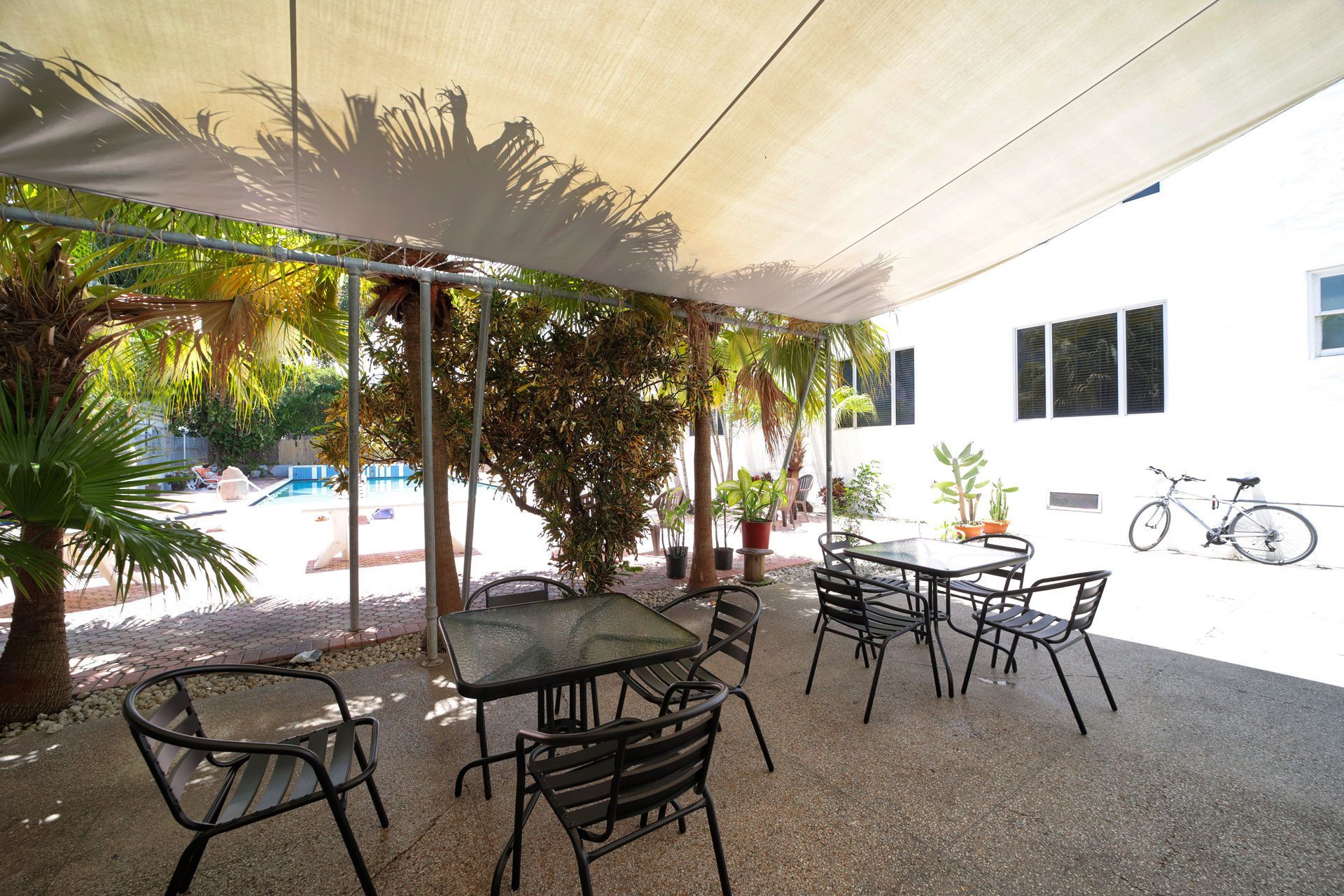 Patio seating under a white canopy beside a pool, with palm trees and bicycles near a white building.