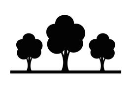 Drie zwarte silhouetten van bomen op een horizontale lijn.