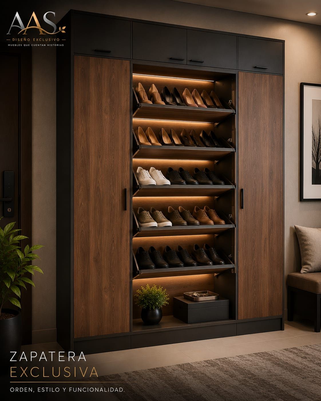 Zapatero moderno de madera con múltiples estantes e iluminación cálida en una habitación elegante.