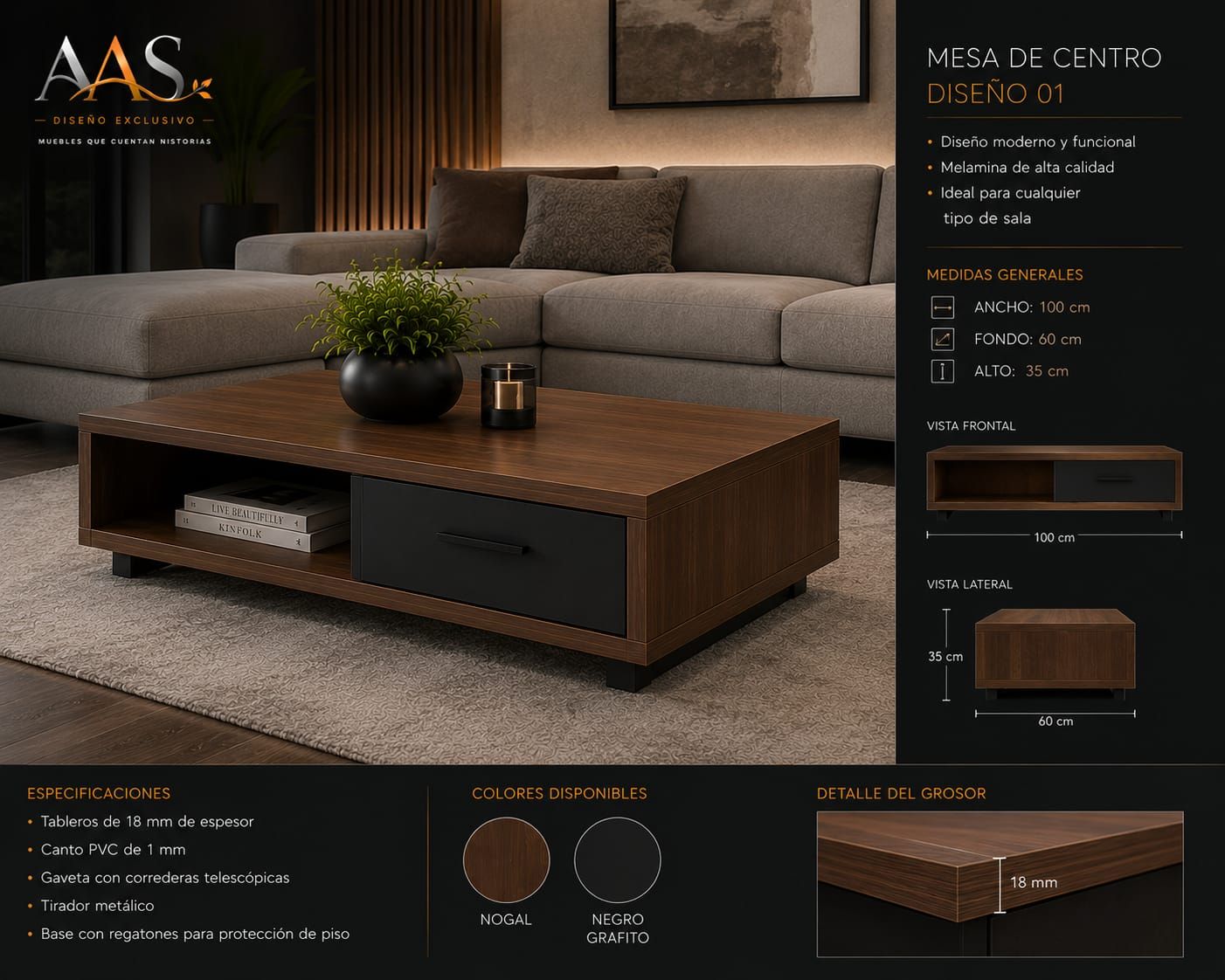 Mesa de centro moderna de madera oscura con estante abierto y cajón negro en una acogedora sala de estar.