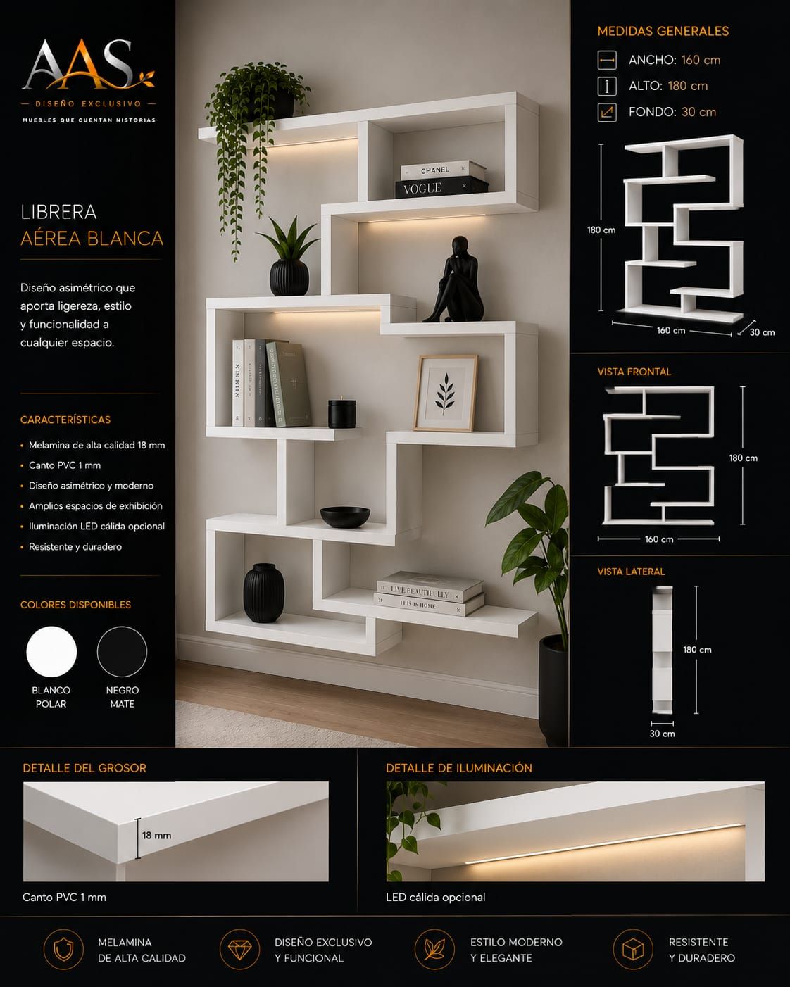 Estantería de pared moderna en blanco y negro con estantes flotantes geométricos y plantas, con dimensiones indicadas.