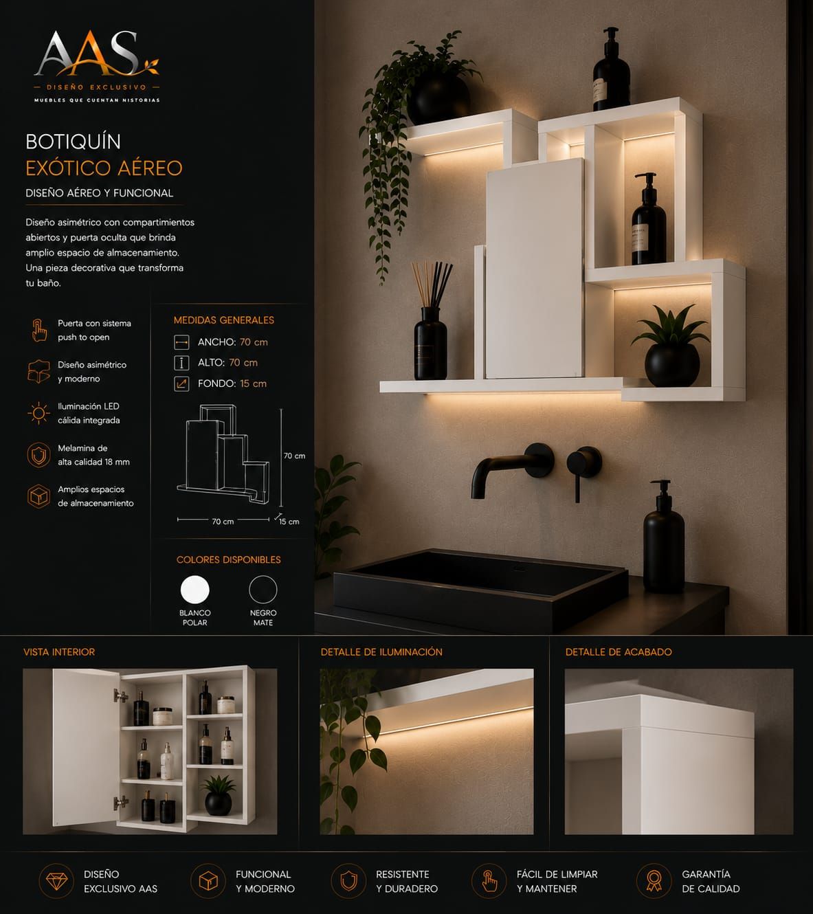 Estantería moderna para baño en blanco y negro con nichos iluminados.