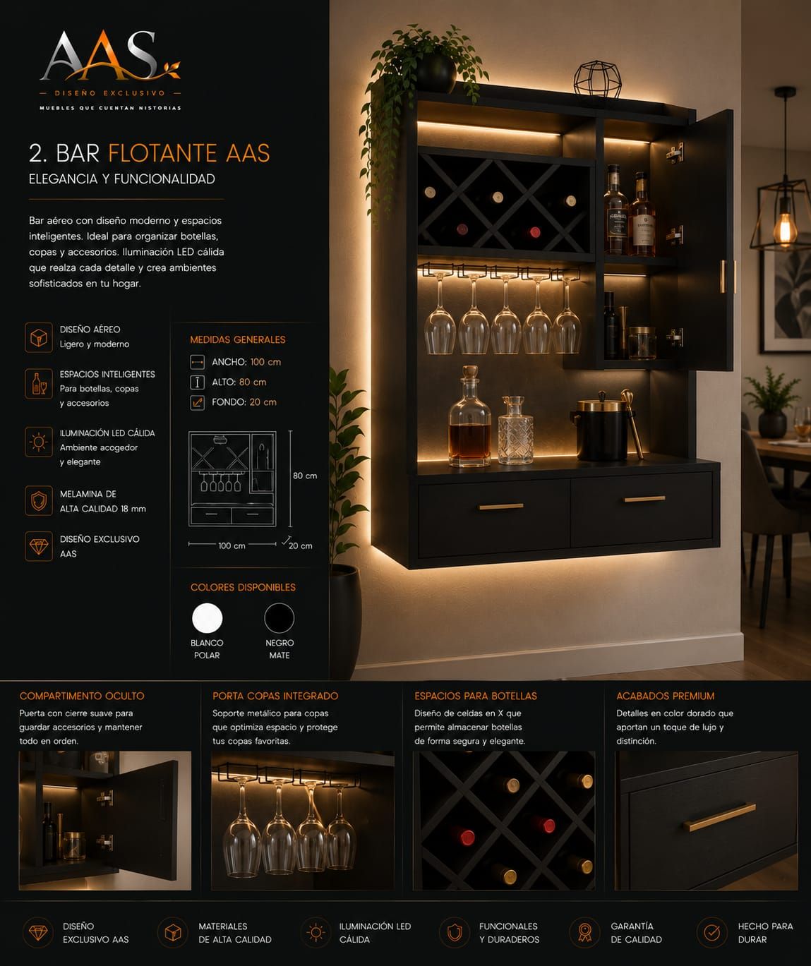 Mueble bar negro de pared con iluminación integrada, espacio para guardar vinos y estantes de cristal en un salón moderno.