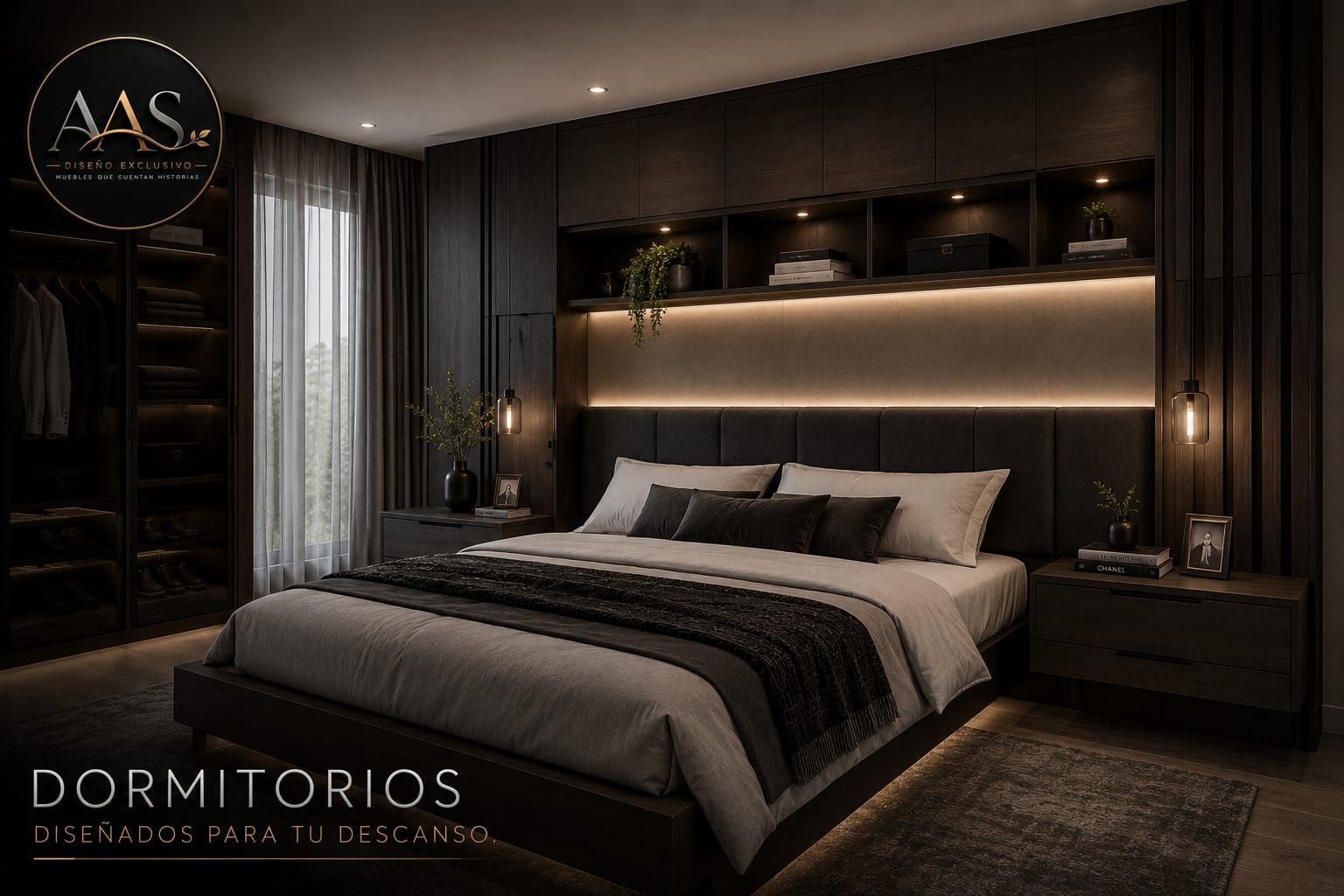 Dormitorio moderno y oscuro con una cama grande, cabecero retroiluminado en tonos cálidos y decoración minimalista.