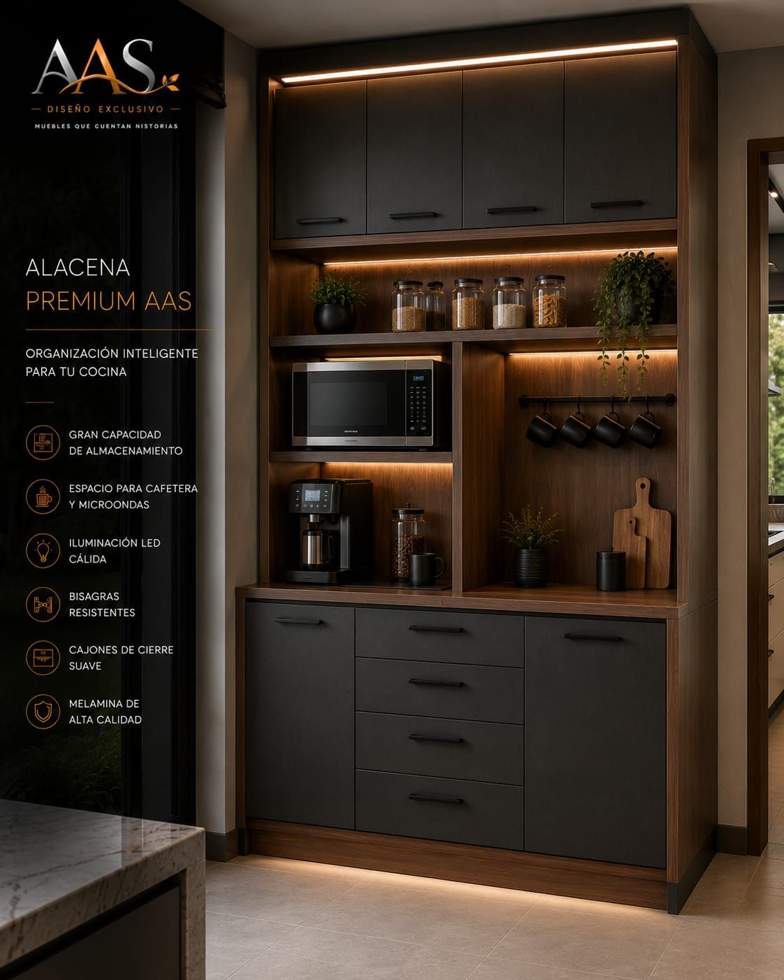 Muebles de cocina modernos de madera oscura con electrodomésticos integrados, iluminación LED cálida y estantes decorativos.