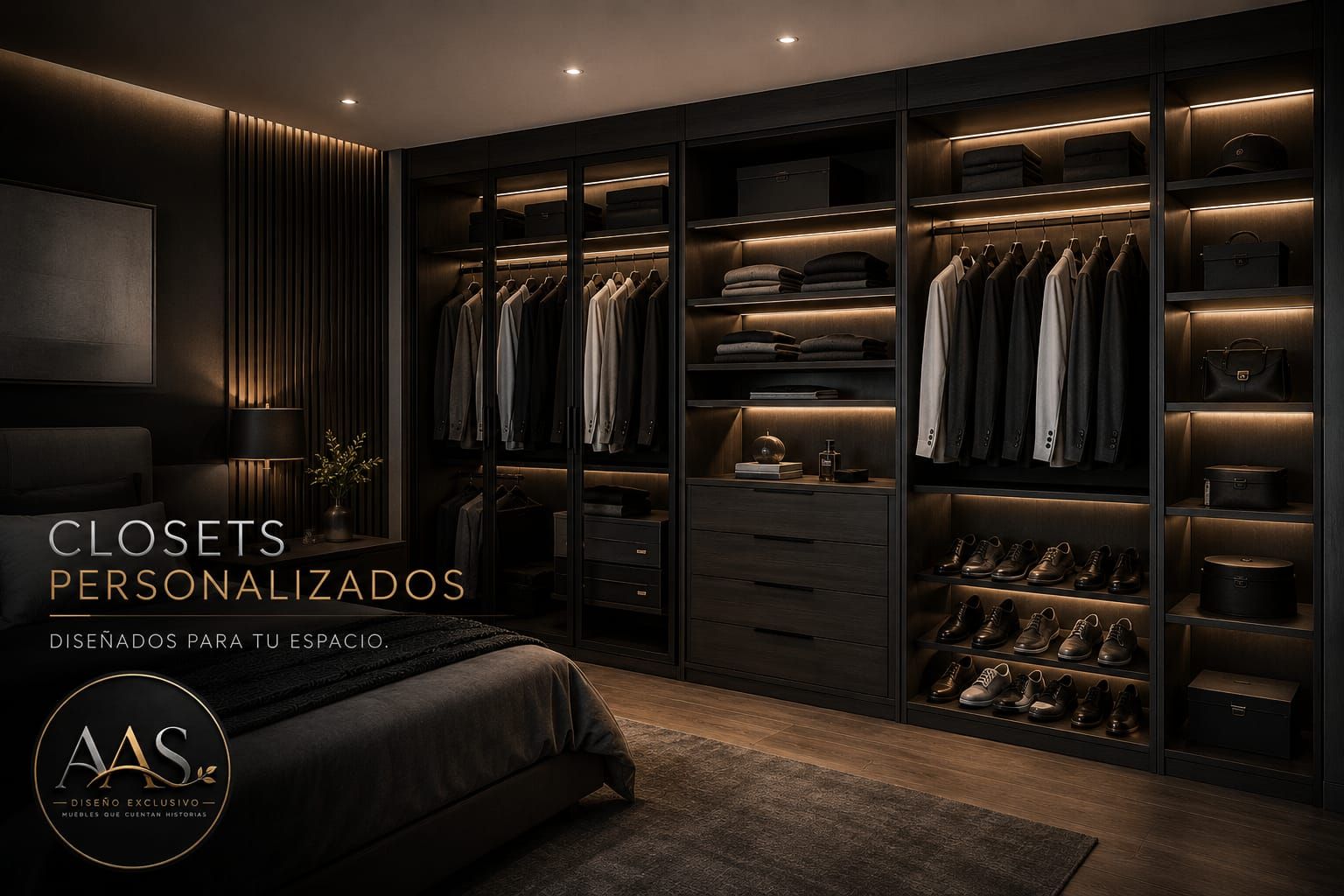 Vestidor de lujo a medida con armarios de madera oscura, perchero, estantes y cajones bajo iluminación cálida.