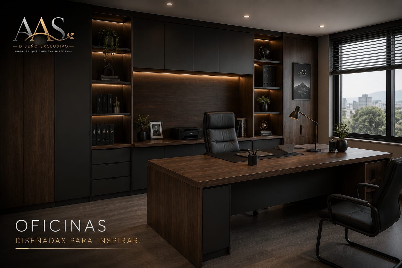 Oficina ejecutiva moderna de madera oscura con escritorio, estantes, silla de cuero y vista a la ciudad.