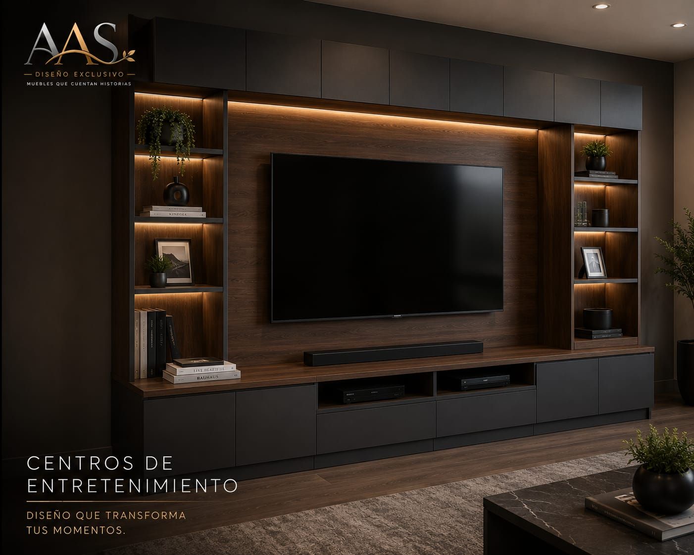 Mueble de pared moderno para TV de salón con estantes de madera cálida e iluminación integrada.