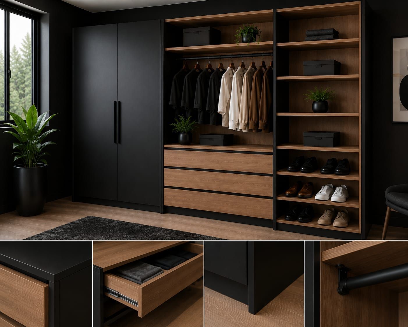 Armario abierto de madera con perchas, cajones y estantes en un dormitorio luminoso.