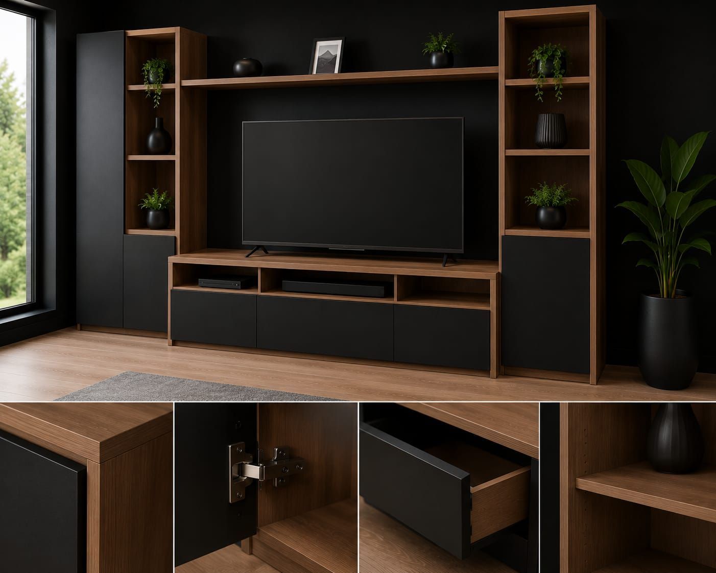 Estantería de madera con libros, jarrones y pequeñas plantas en macetas sobre una pared beige.