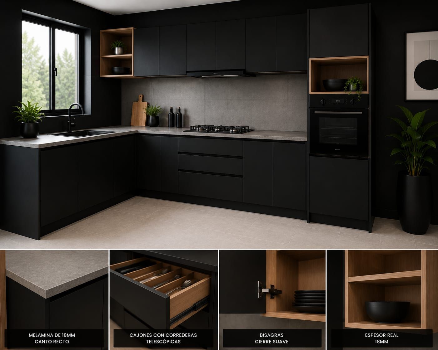 Cocina moderna y luminosa con armarios de madera, isla de mármol blanco y gran ventanal.