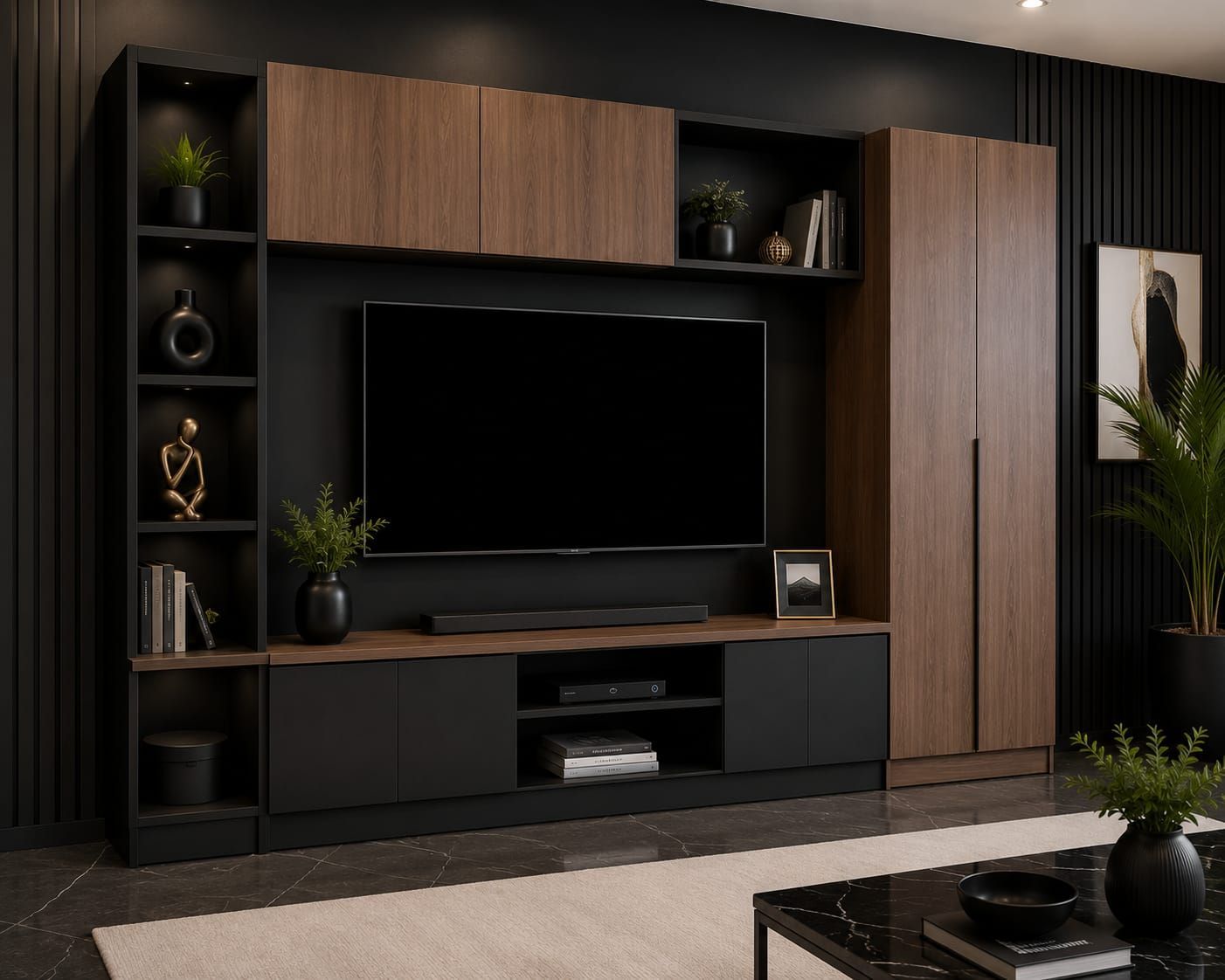 Mueble de entretenimiento de madera con televisor, estantes, cajones y elementos decorativos en una sala de estar.