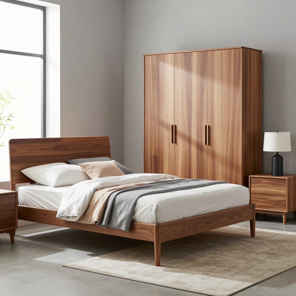Dormitorio moderno con cama de madera, armario, mesita de noche y ropa de cama en tonos neutros junto a la ventana.