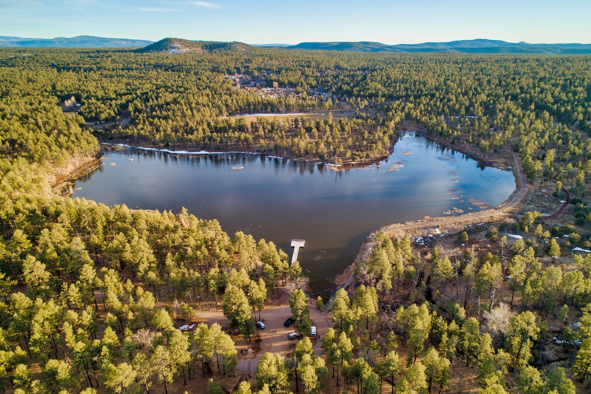 Aerial view of a forested lake surrounded by dense green trees under a clear sky