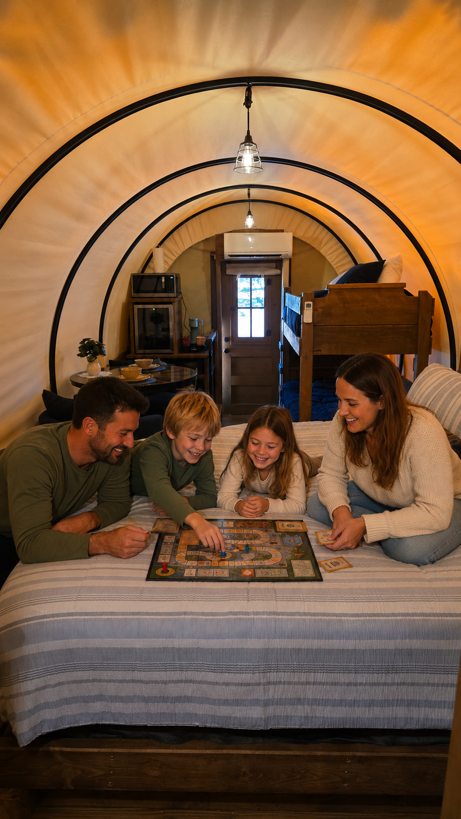 Family playing a board game inside a cozy arched tent with warm lighting