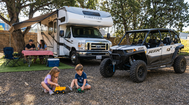 Family camping scene beside an RV and off-road vehicle, with two children playing on gravel under an awning.