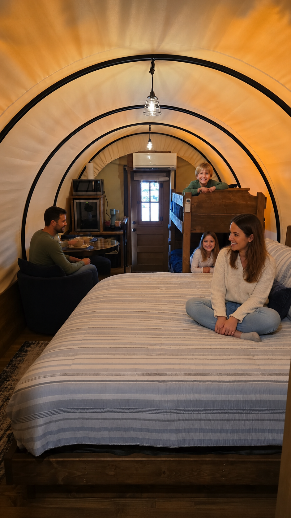 Cozy wooden glamping tent interior with a bed and two people sitting on it under arched lights