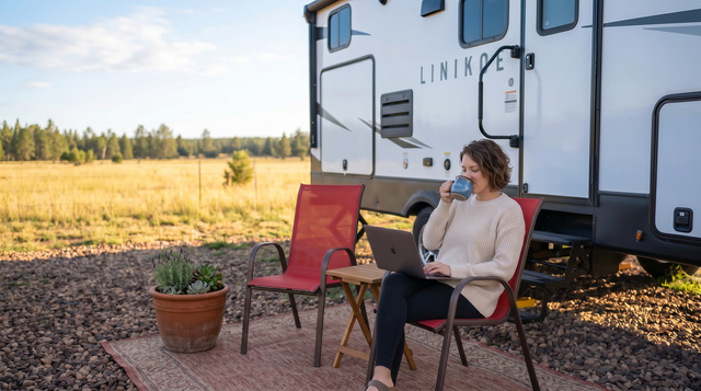 Woman relaxing in a folding chair beside an RV in a sunny field, holding a drink