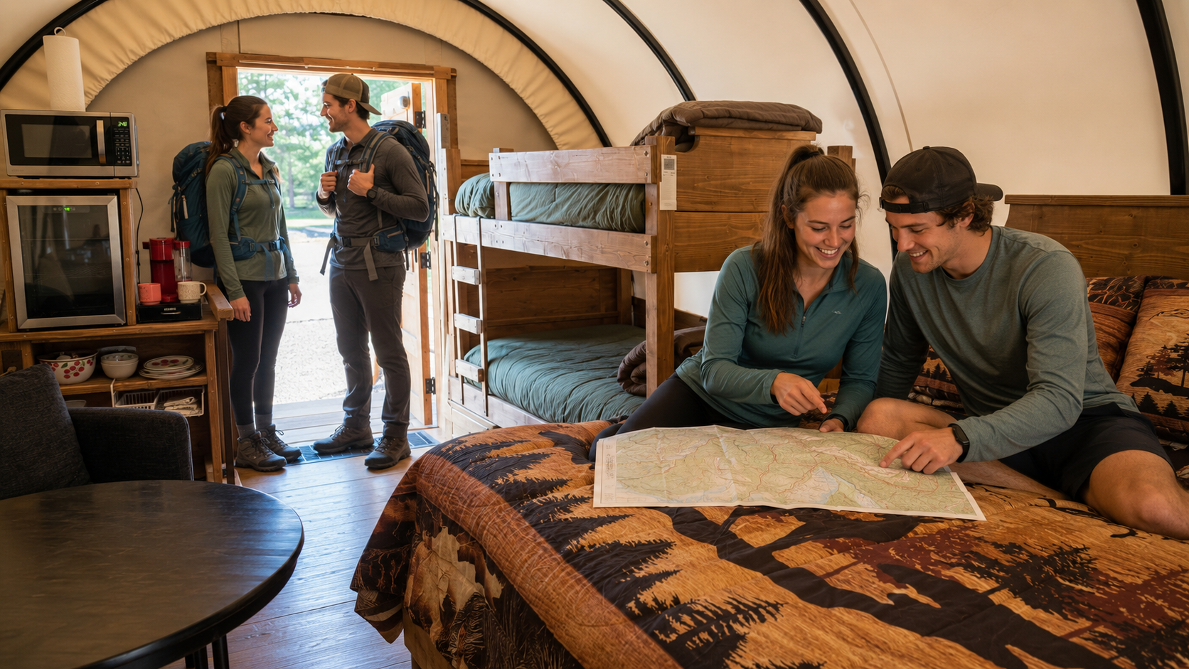 Two people study a map on a bed inside a cozy tent cabin while others talk by the doorway.