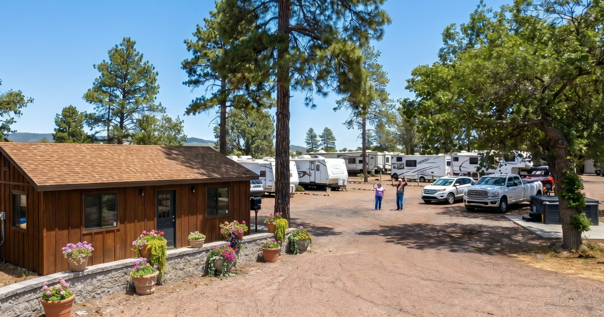 Wooden cabin, pine trees, and RVs in a sunny campground with people walking on a dirt lot.