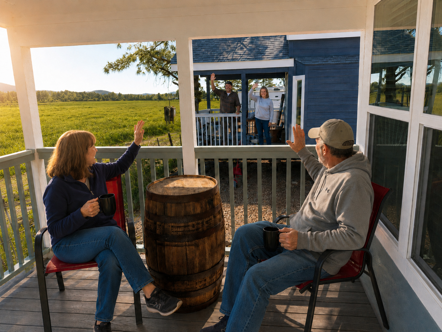 Two people seated on a porch raising drinks beside a barrel table, with fields and a blue house in the background.