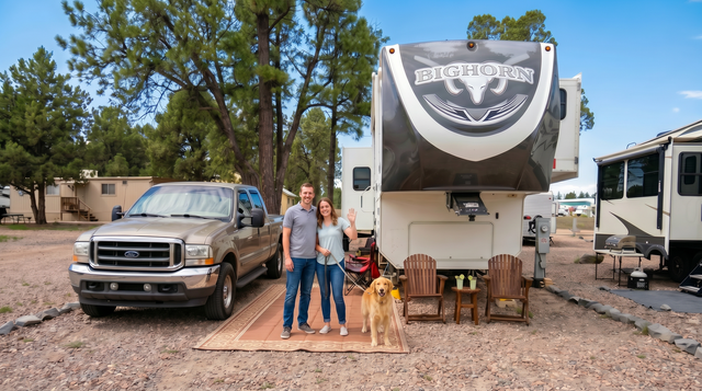 Truck and fifth-wheel camper parked on gravel, with two people and a dog standing in front.