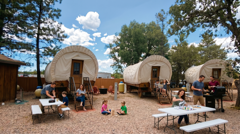 Outdoor campground with three covered wagons, people relaxing at picnic tables, and a blue sky with clouds