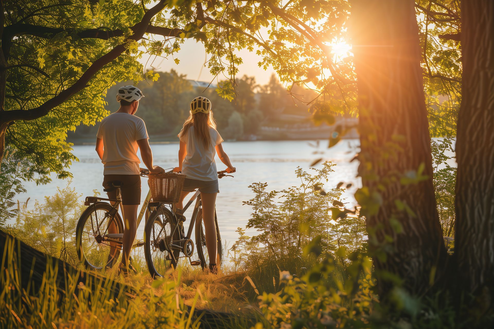 Two cyclists pause by a sunlit lake at sunset, with golden light through trees