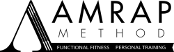 The amrap method logo is black and white and says functional fitness personal training.