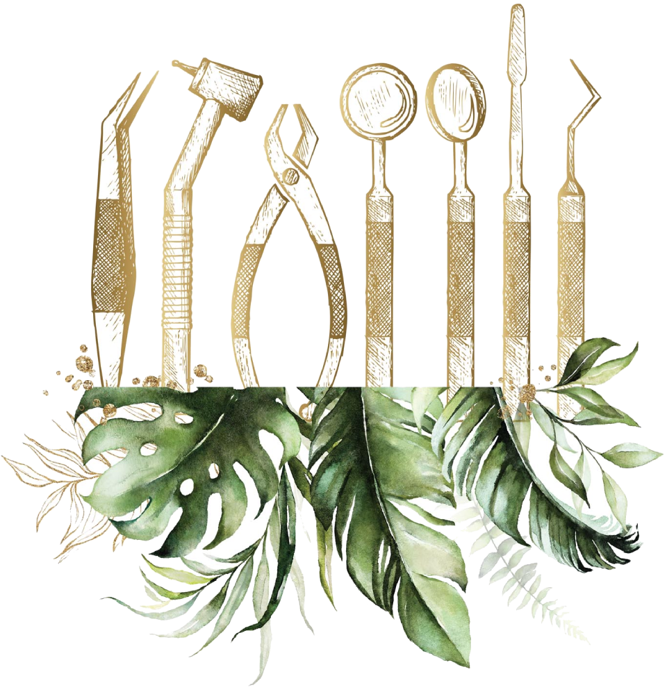 A watercolor painting of dental instruments and leaves.