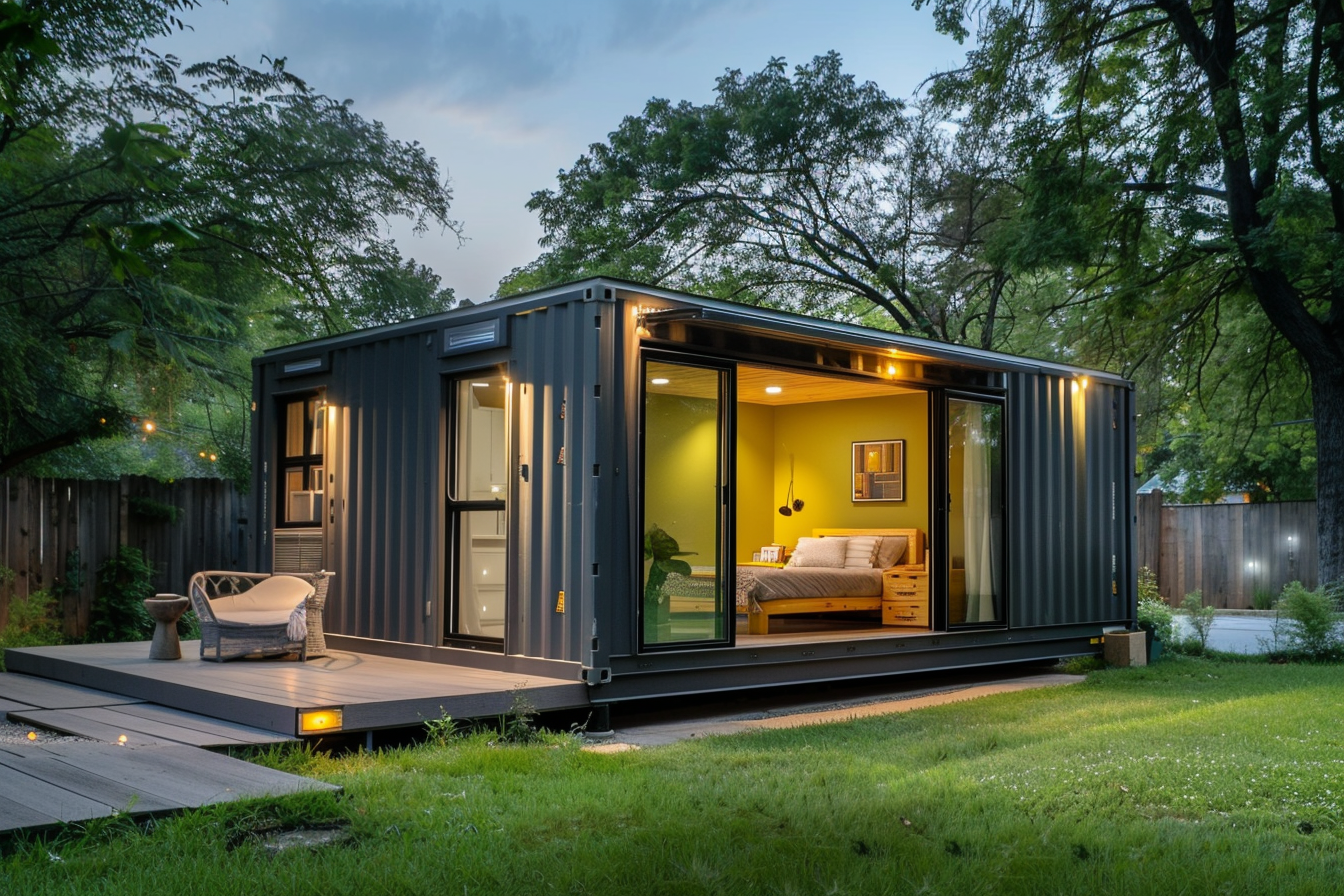 A modern tiny home in a green backyard, built from a shipping container.