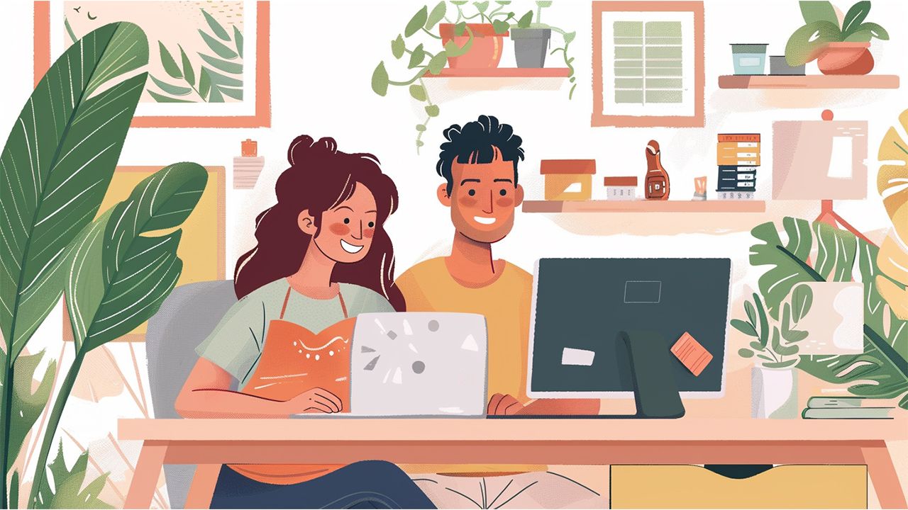 Apartment Search An illustration of a young couple looking for apartments to rent online.