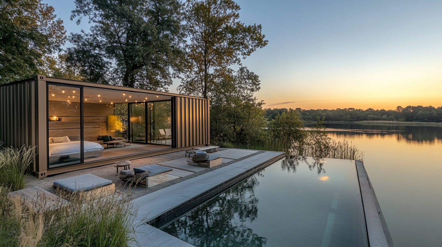 A modern tiny home cabin with a container pool and sleek Scandinavian design, nestled by a lake at sunset.