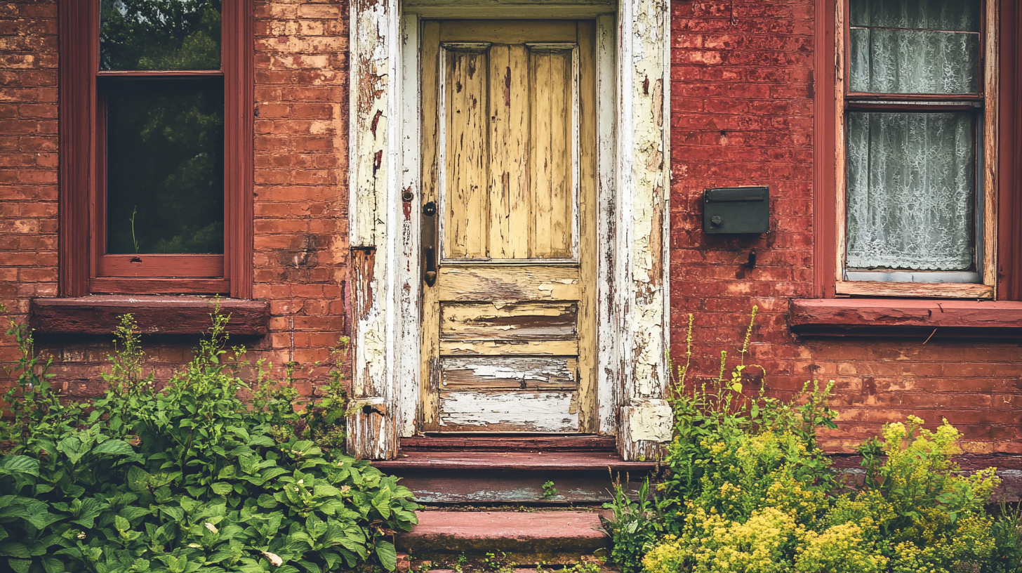 The exterior of a red brick vintage home with peeling paint on the wooden door and overgrown plants, highlighting wear and maintenance concerns.