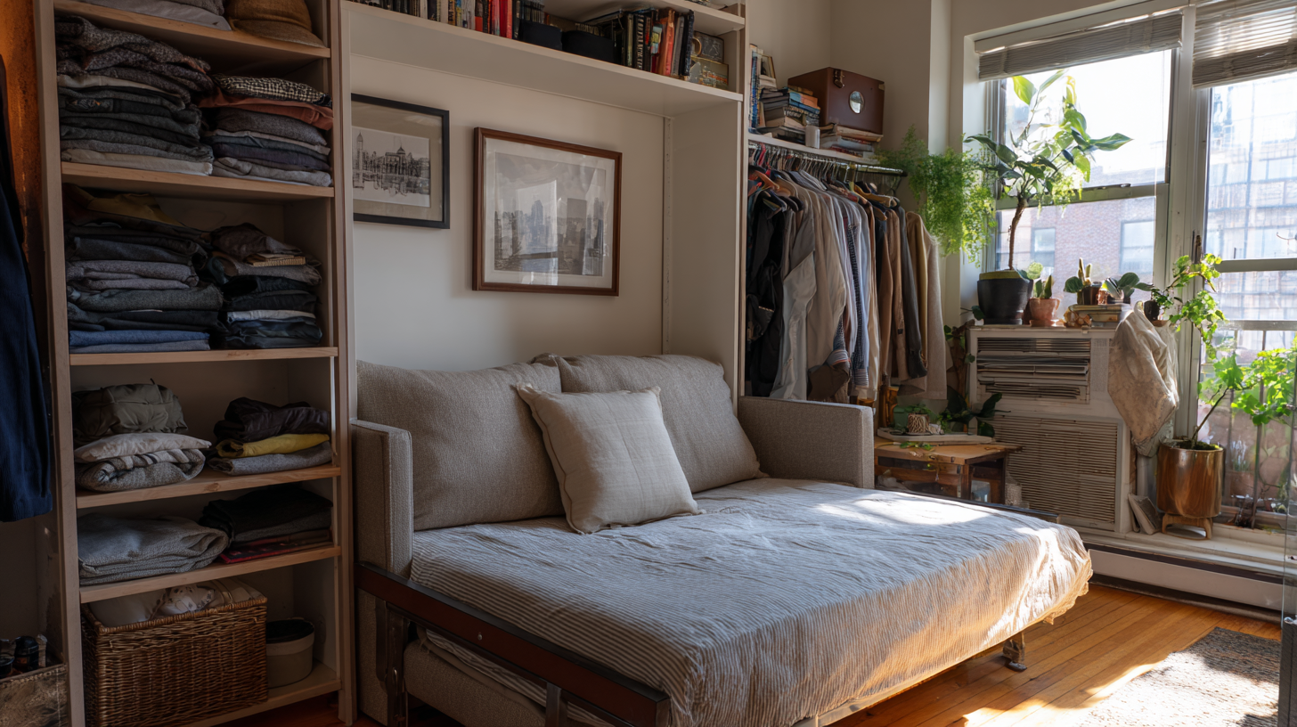 Foldable bed pulled out in the living room of a tiny NYC apartment.