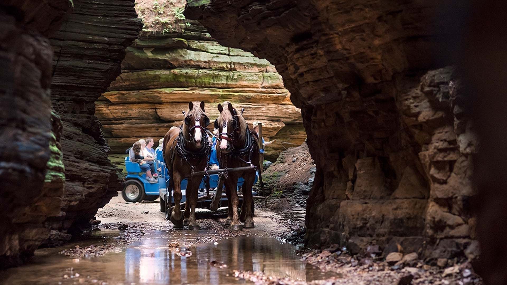 Horse-drawn carriage tour passing through the scenic cliffs of Lost Canyon in Wisconsin Dells.