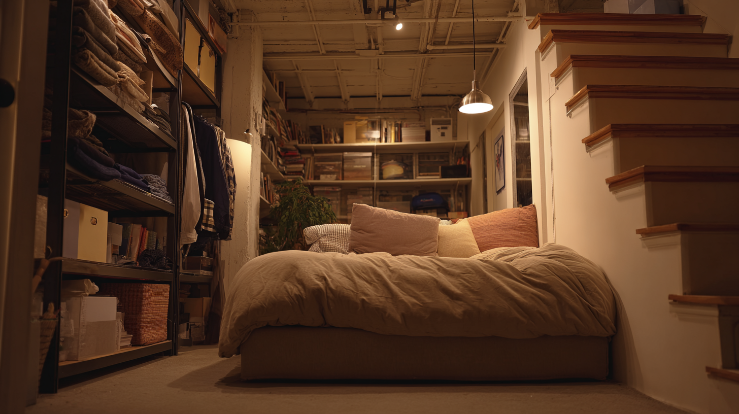 Cozy loft bed with low ceiling and clothes hanging on the side in a tiny NYC apartment.
