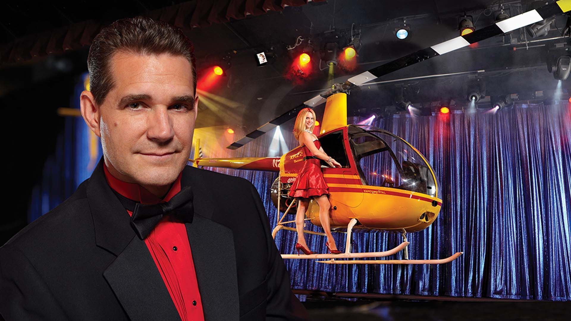  Rick Wilcox performing a grand magic show in Wisconsin Dells, featuring a helicopter illusion.