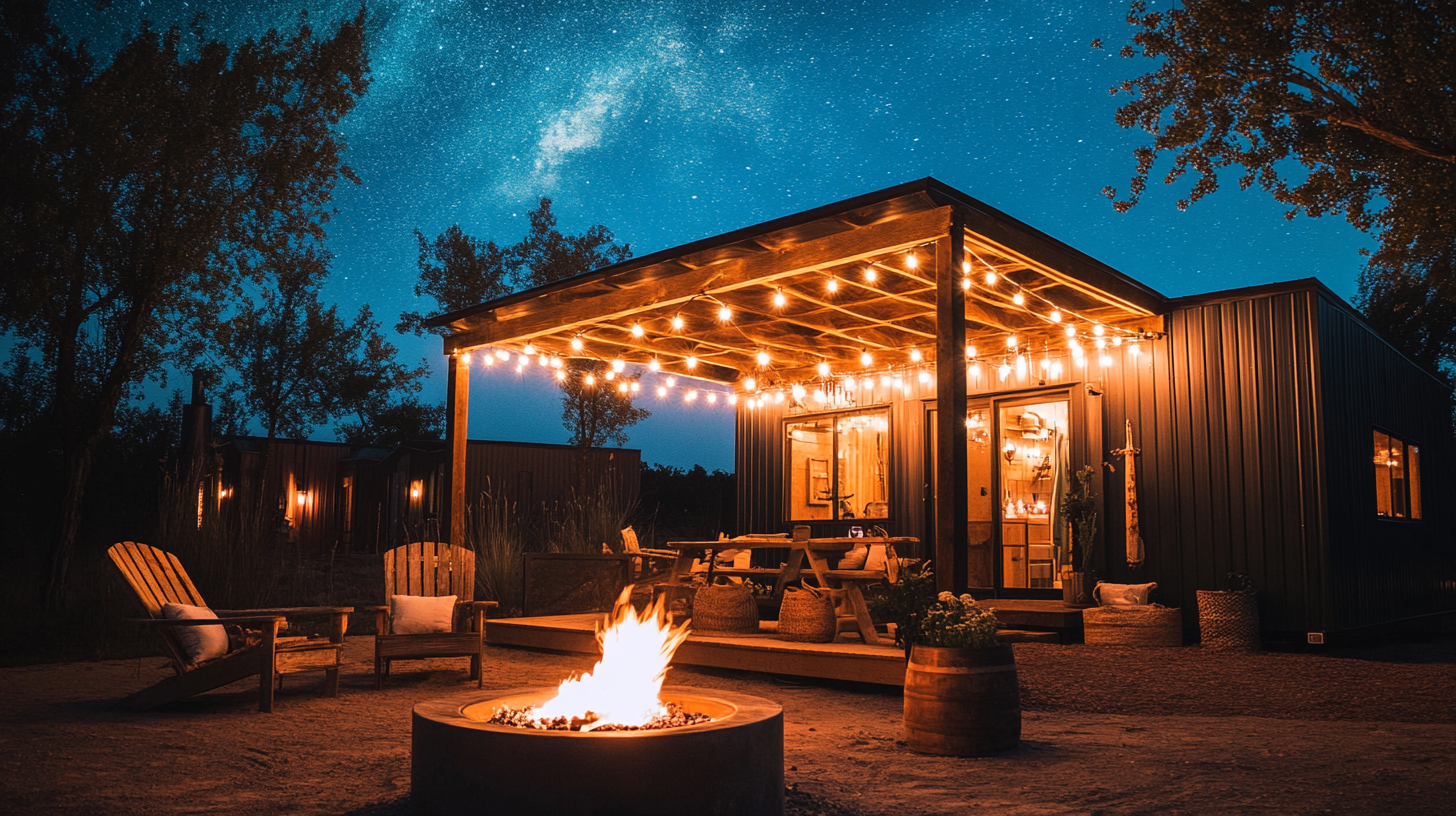 A nighttime view of a communal fire pit surrounded by cozy chairs and string lights, set against a starry sky at a tiny home retreat.