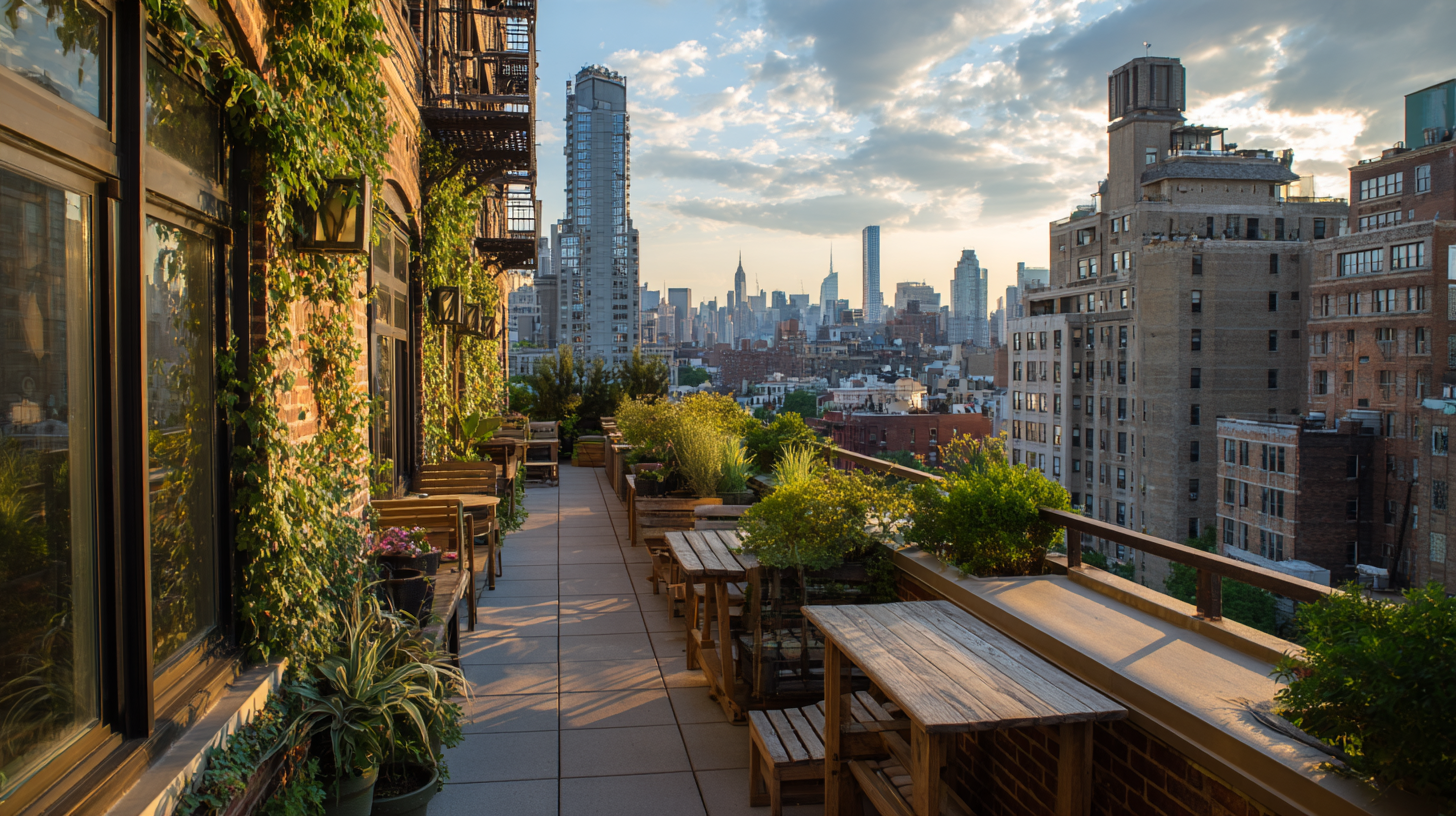 Rooftop with chairs and potted plants overlooking NYC skyline.