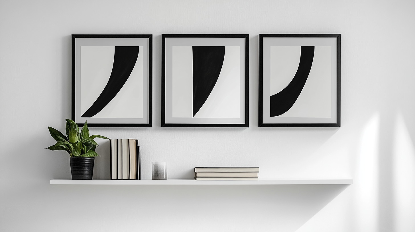 Minimalist wall art and shelf with books and plant in a modern apartment