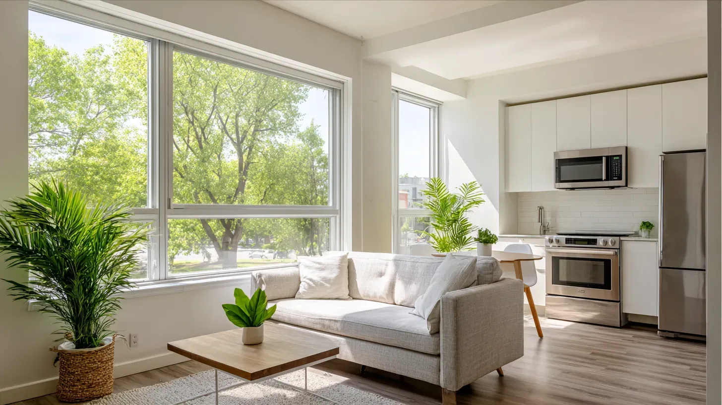 Bright and modern studio apartment in Milwaukee with large windows, white walls, and sunlight streaming in