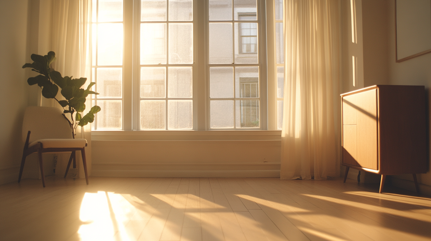 Empty living room with large south-facing windows and golden sunlight on light wooden floors